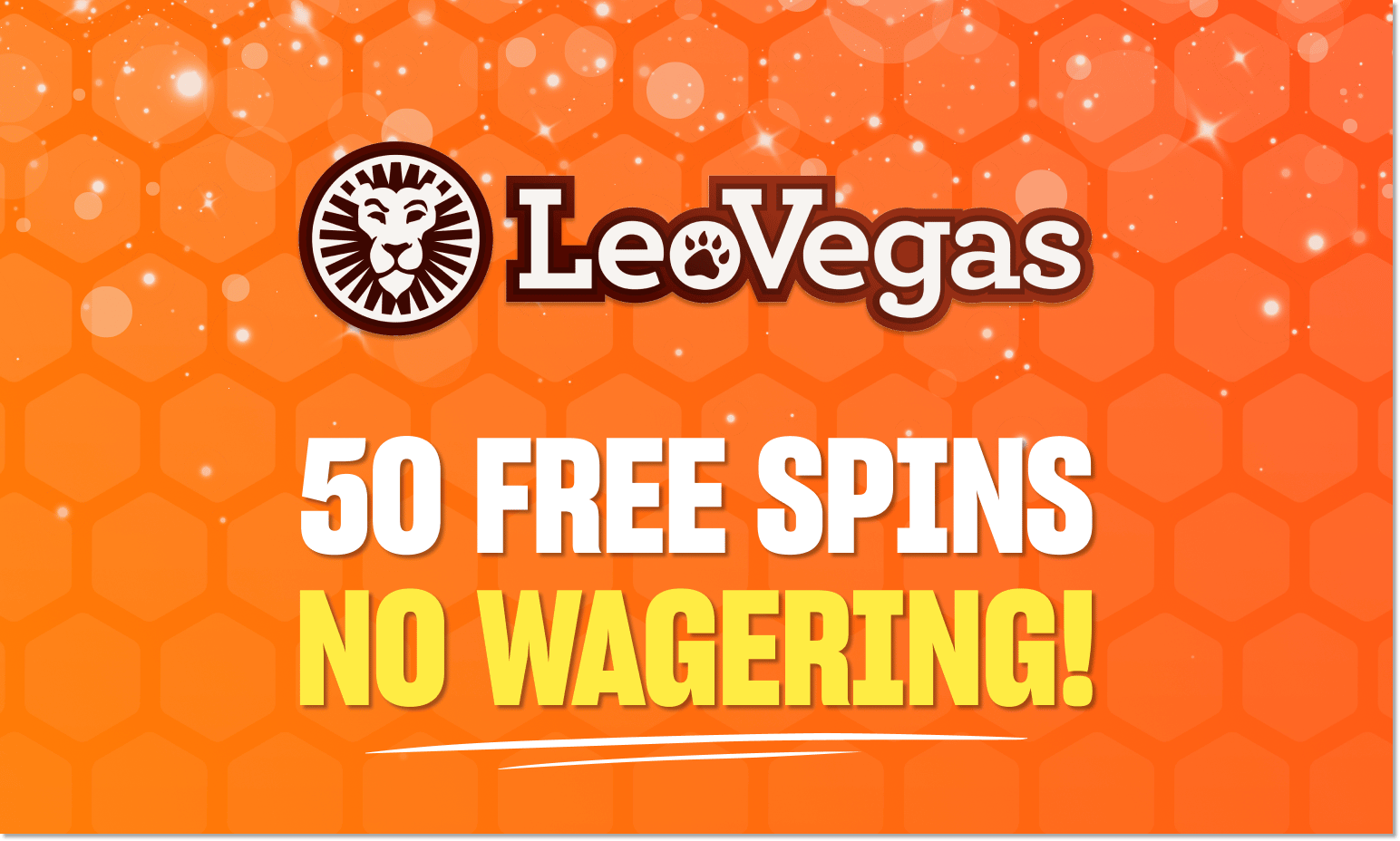 LeoVegas logo on an orange background with text 50 free spins no wagering